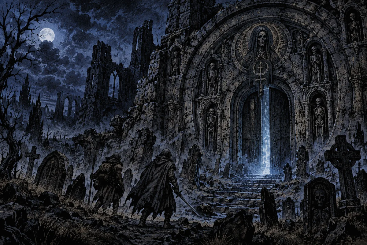 Adventurers approach an ancient tomb beneath a cold blue moon.