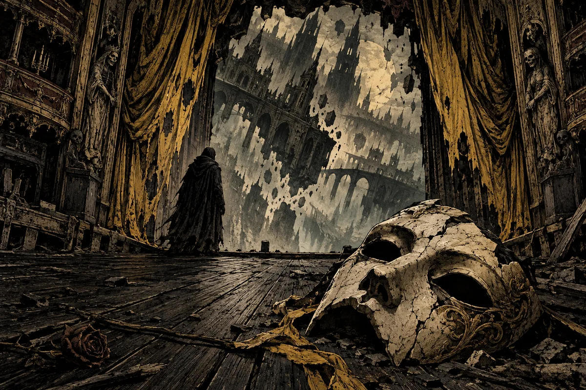 A cracked mask and yellow curtains frame a city dissolving beyond an impossible stage.